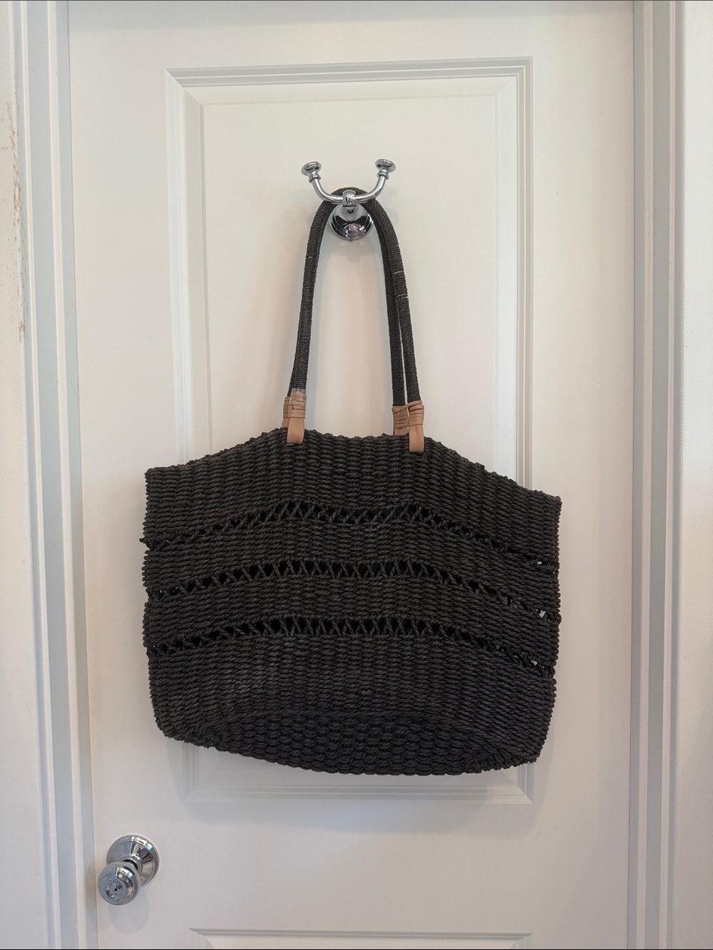 Vintage Black Woven Tote with Tan Trim
